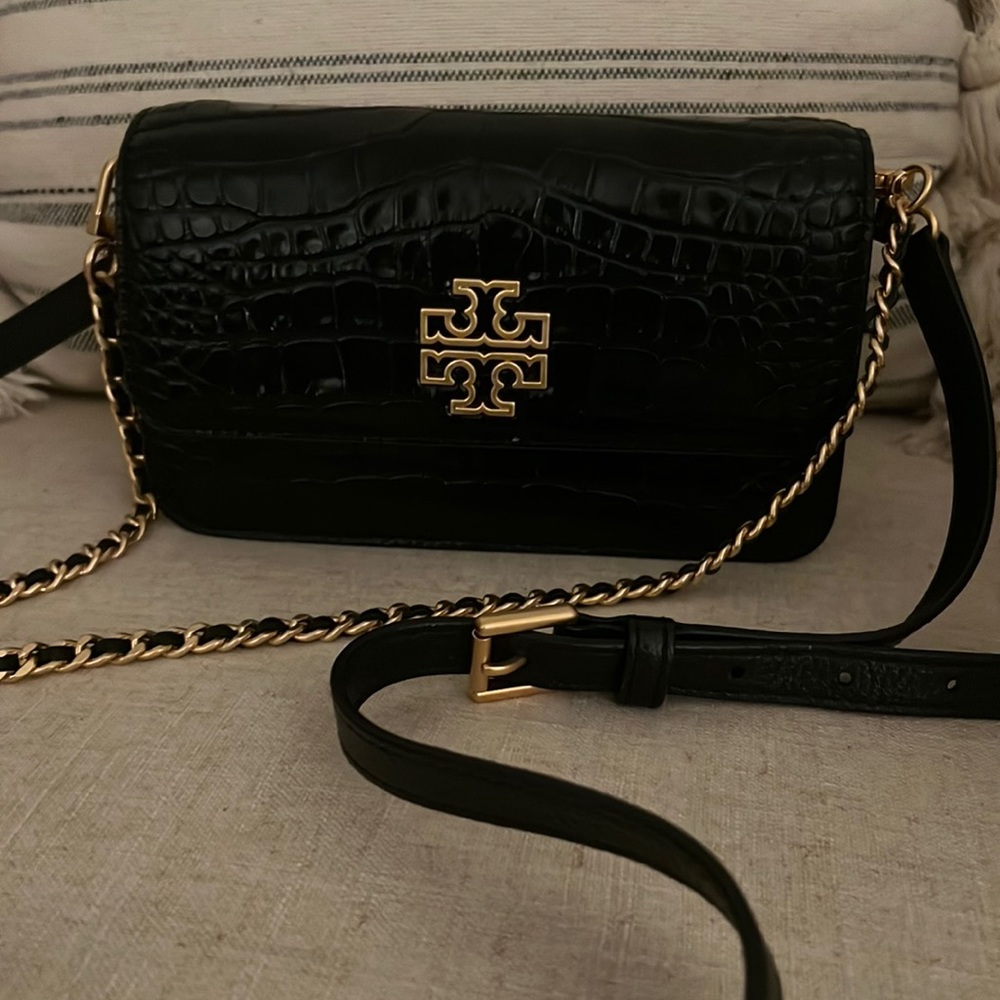 Tory Burch small croc shoulder back with two strap options.